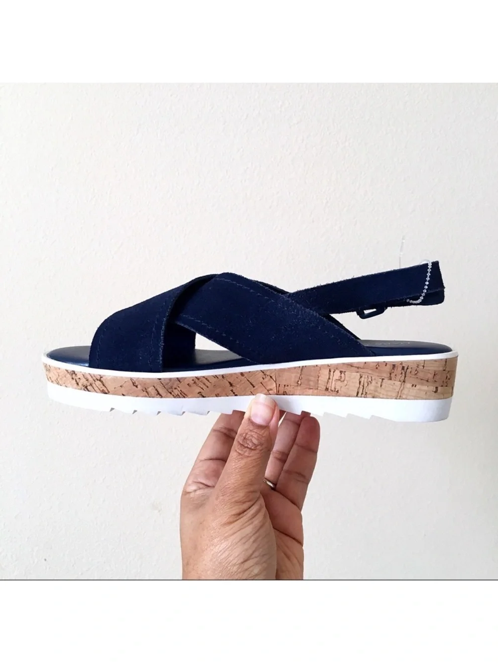 Marc Fisher Glitze Wedge Sport Lug Sole Navy Cross‑Strap Cork Platform Sandals